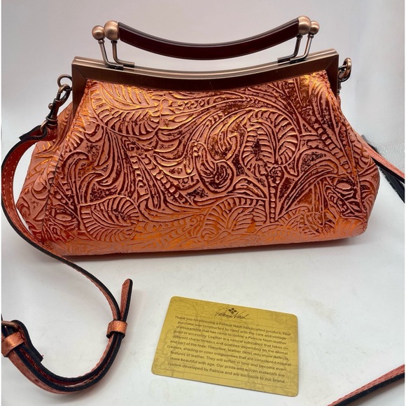 Patricia Nash Tooled Leather Bag Kiss Lock Kelmscott Coral Metallic Cross Body - Picture 2 of 11